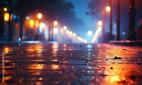 A Wet Sidewalk With Lights On It, Wet asphalt reflection of neon lights.