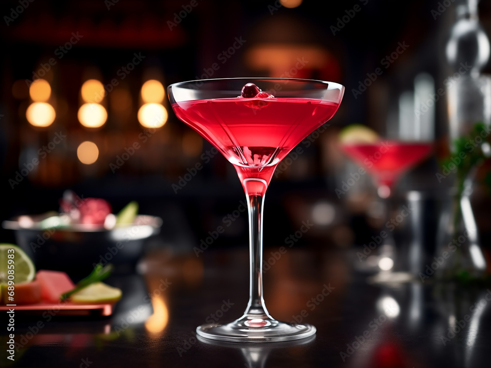 Red cocktail in a bar setting. AI Generation.