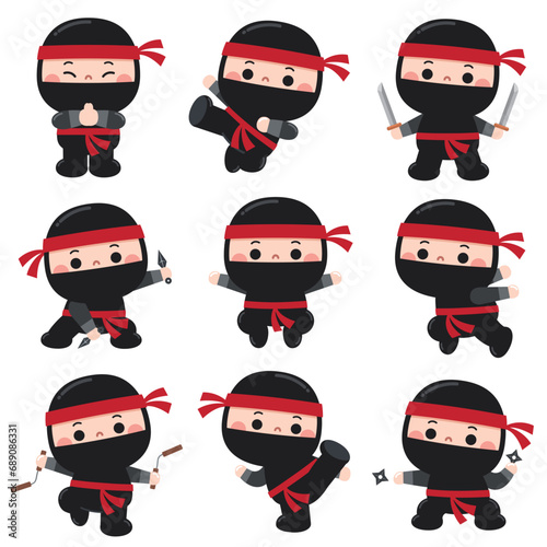 A fun and adorable cartoon-style illustration featuring ninja characters dressed in black outfits with red headbands. The ninjas are depicted in different action poses