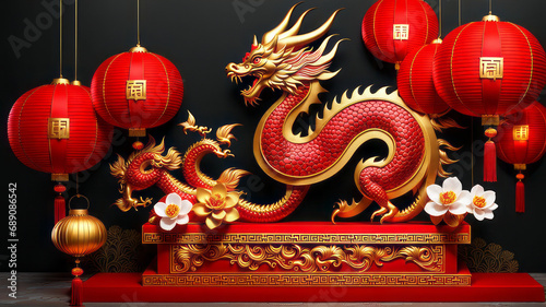 Happy Chinese New Year 2024 the dragon zodiac sign with flower  lantern  elements with red and gold color. background. Copy space