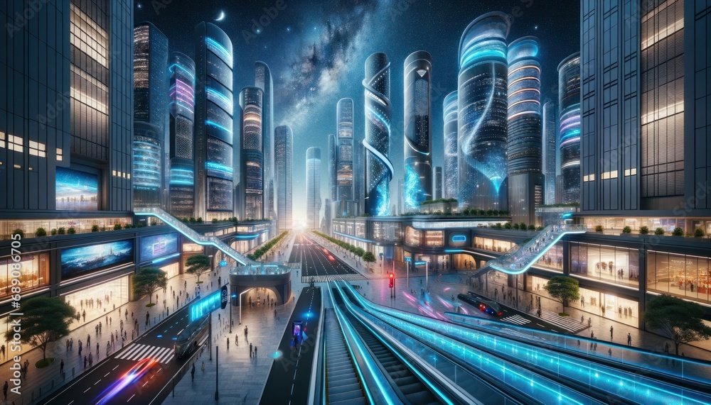 Obraz premium A dazzling metropolis awash with neon lights outlines a science fiction cityscape teeming with activity at night