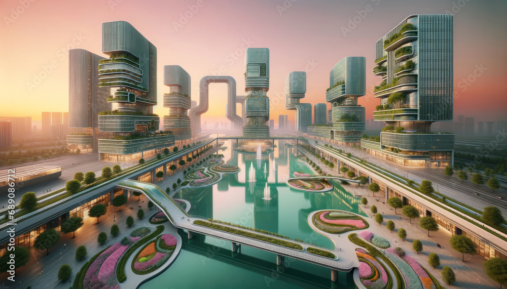 Calm waters reflect a serene cityscape of lit futuristic structures during the magical golden hour