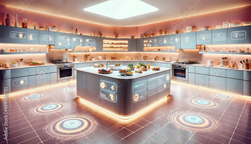 Blue-themed kitchen with integrated high-tech features and glowing interactive floor design photo