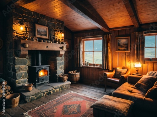 Cozy Highland Retreat Warmth and Serenity in a Scottish Cabin. AI Generated.