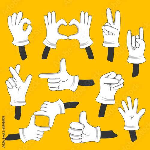 A set of hands in white gloves drawn in a cartoon style. Vector different hands on ice. Non-verbal or manual communication, hand language, hand signs.