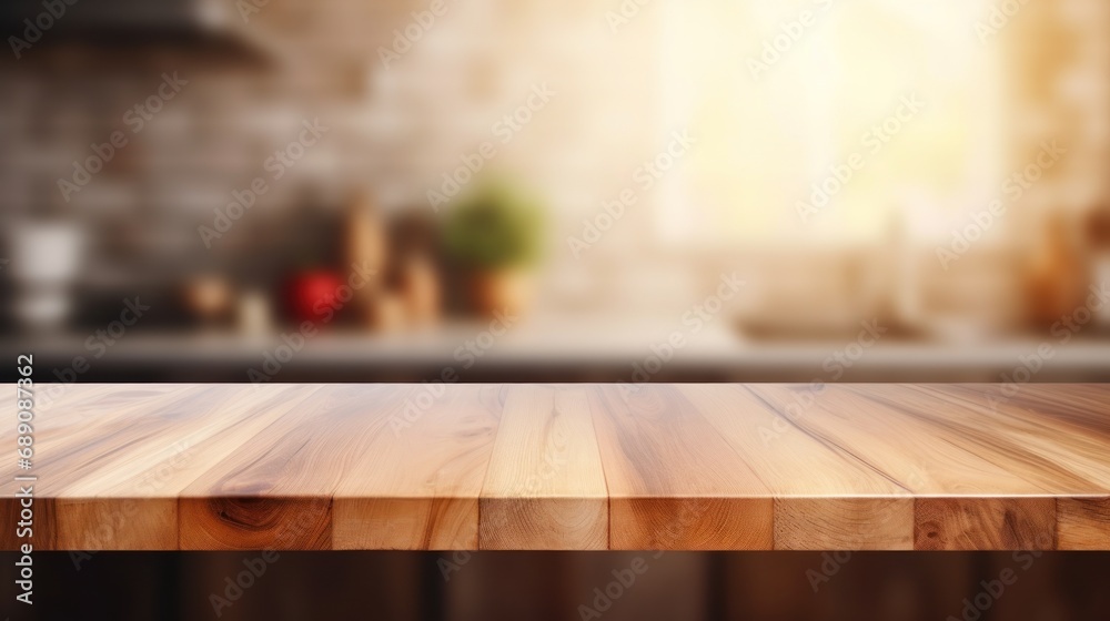 Wooden table on blurred kitchen bench background, Advertisement, Print media, Illustration, Banner, for website, copy space, for word, template, presentation Wooden table on blurred kitchen bench background, Advertisement, Print media, Illustration, Banner, for website, copy space, for word, template, presentation
