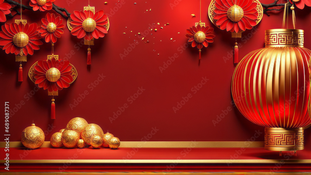 Happy Chinese New Year 2024 the dragon zodiac sign with flower, lantern, elements with red and gold color. background. Copy space Happy Chinese New Year 2024 the dragon zodiac sign with flower, lantern, elements with red and gold color. background. Copy space