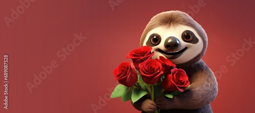 Cute Cartoon Sloth Holding a Bouquet of Red Roses for Valentines Day with Space for Copy © JJAVA