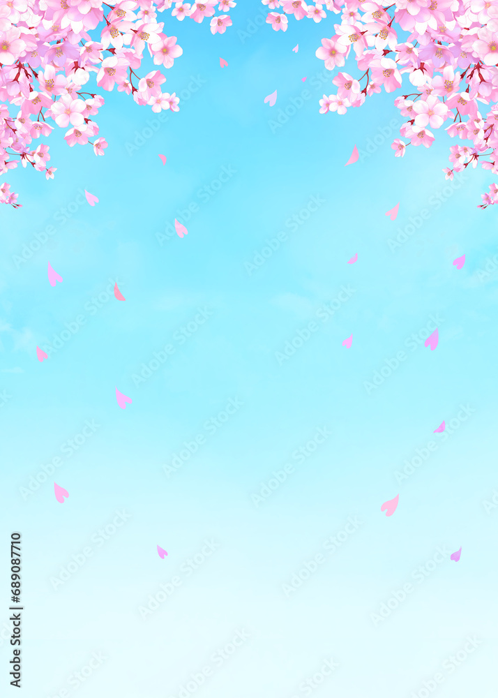 桜と青空の背景素材　桜吹雪　お花見　入学　卒業　入園　卒園　入社　ひな祭り　ひなまつり　縦長