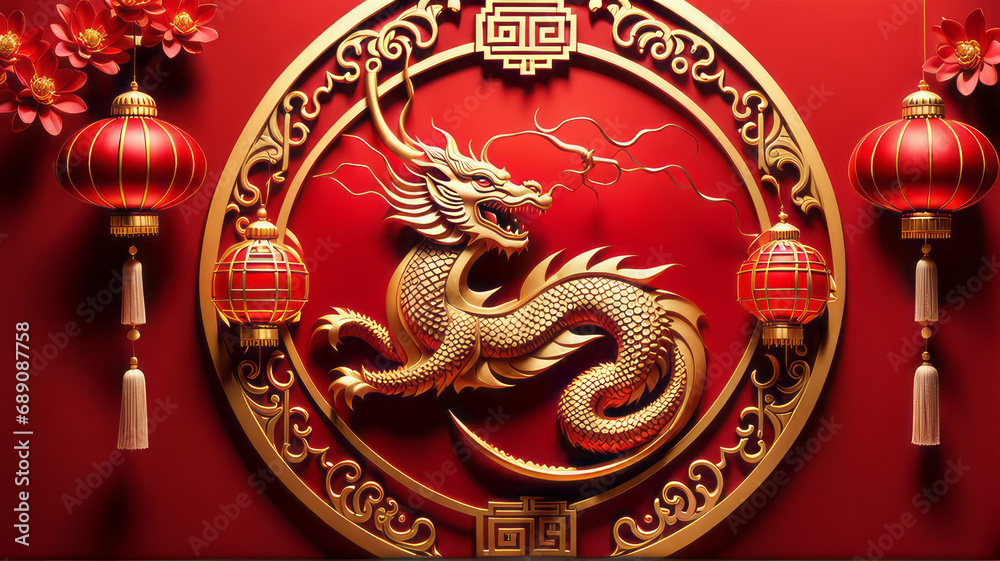 Happy Chinese New Year 2024 the dragon zodiac sign with flower, lantern, elements with red and gold color. background. Copy space