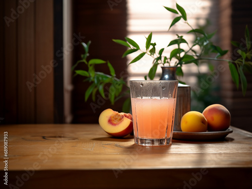 Sip on nonalcoholic peach juice in style. AI Generation.