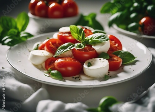 White plate of classic delicious caprese salad with ripe tomatoes, mozzarella and fresh basil leaves 