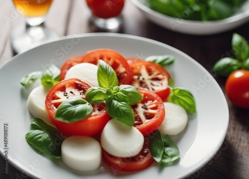 White plate of classic delicious caprese salad with ripe tomatoes, mozzarella and fresh basil leaves

