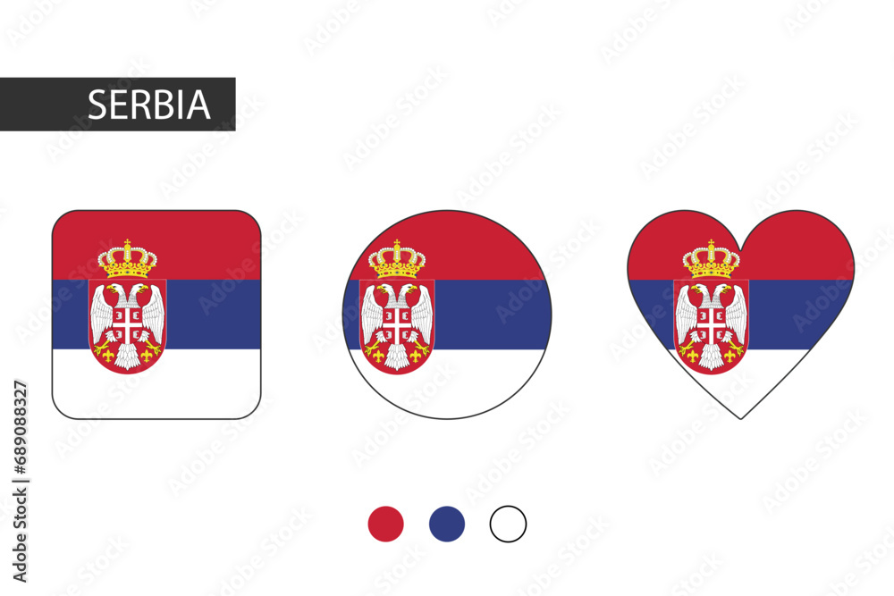 Serbia 3 shapes (square, circle, heart) with city flag. Isolated on white background. Serbia 3 shapes (square, circle, heart) with city flag. Isolated on white background.