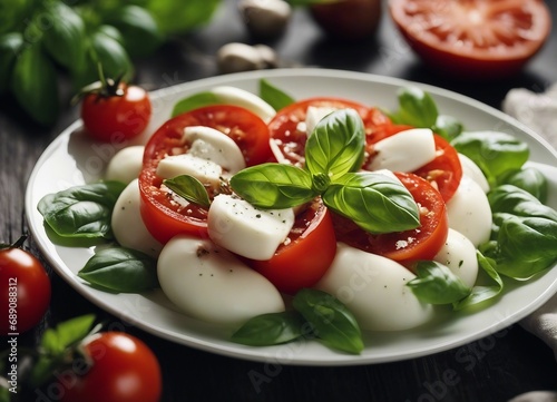 White plate of classic delicious caprese salad with ripe tomatoes, mozzarella and fresh basil leaves
