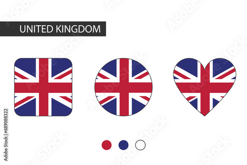 UK 3 shapes (square, circle, heart) with city flag. Isolated on white background.