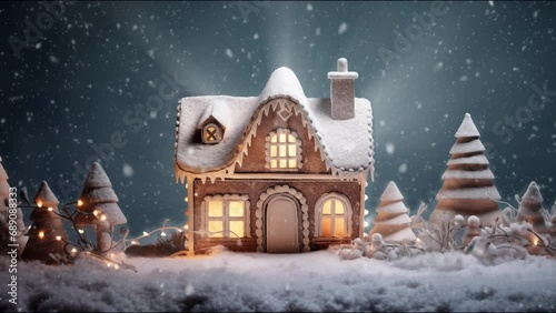 Gingerbread house with icing candles and snowfall. Chrismas background