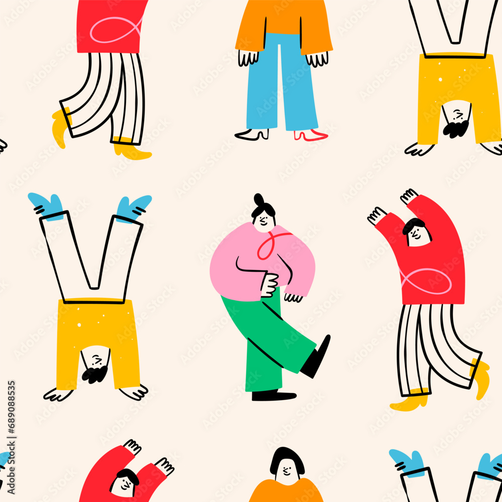 Various abstract People. Young men and women standing together in colorful clothing. Different poses. Cartoon style characters. Hand drawn trendy Vector illustration. Square seamless Pattern - obrazy, fototapety, plakaty 