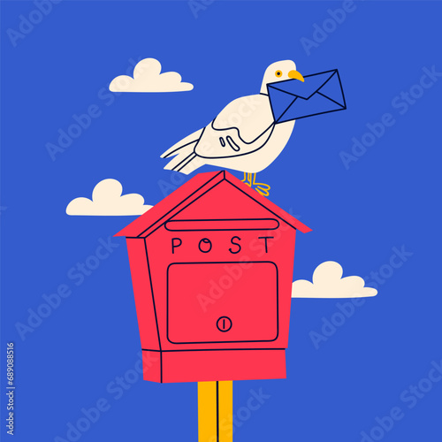 Red postal letterbox. Pigeon holding envelope in beak while sitting on mailbox. Hand drawn modern Vector illustration. Isolated design element. Delivery, message, communication concept