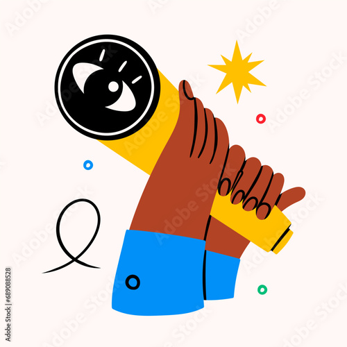 Human hands with spyglass telescope. Big eye on lens. Searching, finding, web surfing, looking for opportunities concept. Hand drawn Vector illustration. Isolated design element. Logo, icon template