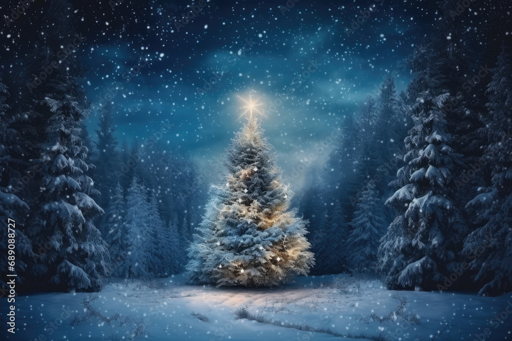 A beautiful, fabulous, decorated Christmas tree in the winter forest at night