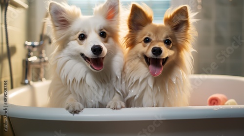 A dogs sitting in the bathtub © progressman