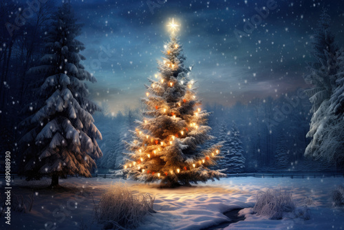 A beautiful, fabulous, decorated Christmas tree in the winter forest at night © fidaolga