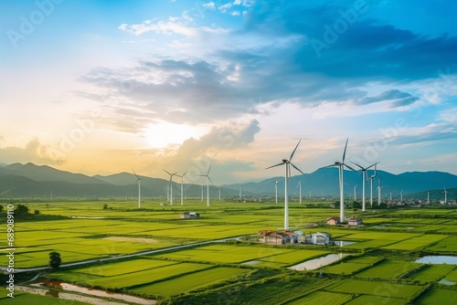 Landscape with Turbine Green Energy Electricity, Windmill for electric power production, Wind turbines generating electricity on rice field at Phan Rang, Ninh Thuan, Vietnam.Clean energy, GenerativeAI photo