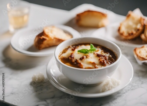 delicious French Onion Soup in white plate 