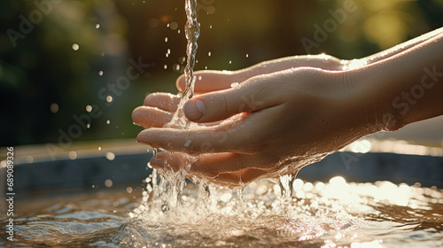 a hands out of a water fountain. hands with water splash