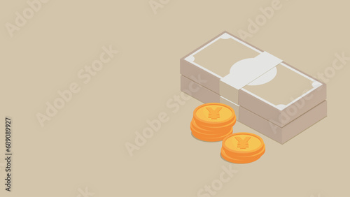 Bunch of banknotes and pile of yen coins.