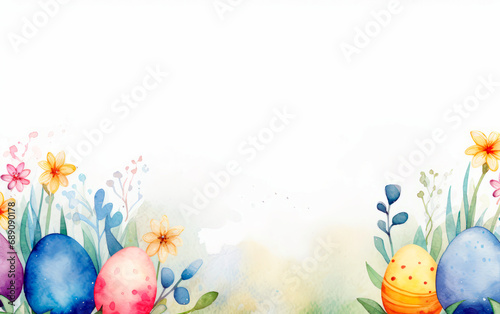 Set of beautiful watercolor easter eggs over white background with empty space for text. Colorful illustration for poster, card or greetings. photo