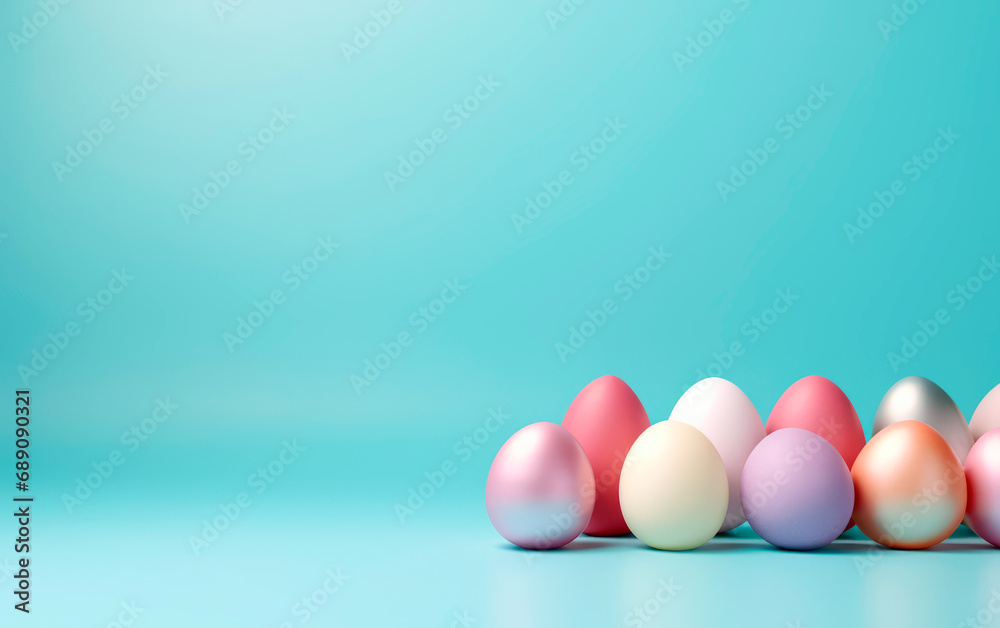 Row of colorful easter eggs over light blue background with space for text. Set of easter eggs photo for poster, card o greetings. Row of colorful easter eggs over light blue background with space for text. Set of easter eggs photo for poster, card o greetings.