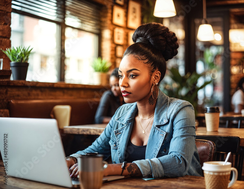 Young black woman with tattoo working on laptop in a cafe photo