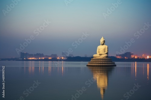 Gautam Buddha in the middle of the lake Hussain Sagar, India, Generative AI photo