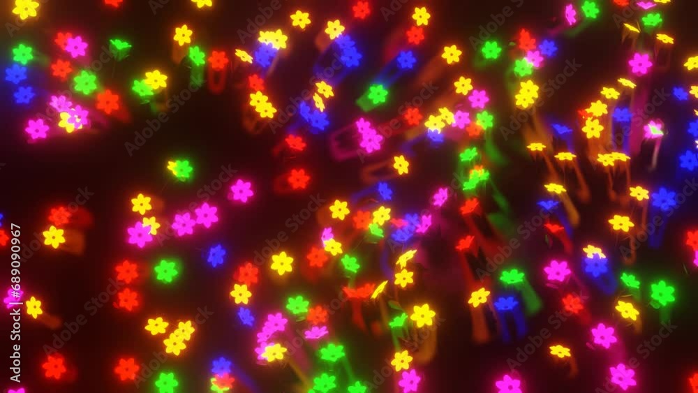 stylized clearing with moving flowers glowing in different colors. abstract looping animated background. 3d render stylized clearing with moving flowers glowing in different colors. abstract looping animated background. 3d render