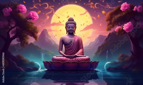 Lord Buddha in meditation for Buddhist festival of Happy Buddha Purnima Vesak, Generative AI