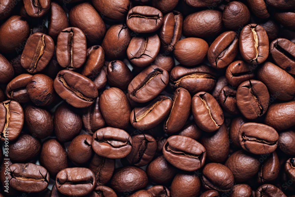 Obraz premium Aromatic bliss. Close up of roasted coffee beans in warm tones. Morning delight. Dark roast. Gourmet drink experience