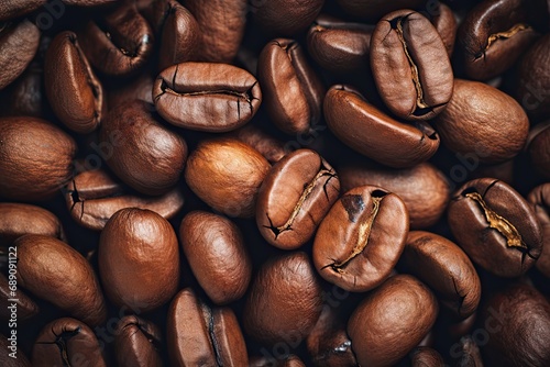 Aromatic bliss. Close up of roasted coffee beans in warm tones. Morning delight. Dark roast. Gourmet drink experience