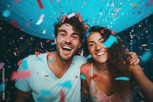 happy beautiful woman on party with confetti