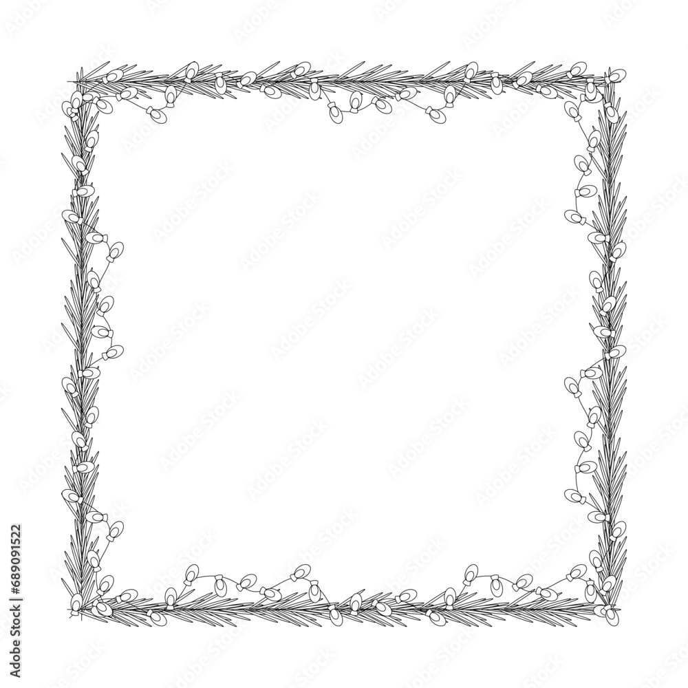 Christmas frame, garland with light bulbs, tree branch. Christmas frame, garland with light bulbs, tree branch.