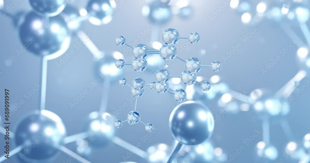 Ethylparaben, rotating 3D model of food additive e214, seamless looped video, molecular structure with selective focus Ethylparaben, rotating 3D model of food additive e214, seamless looped video, molecular structure with selective focus