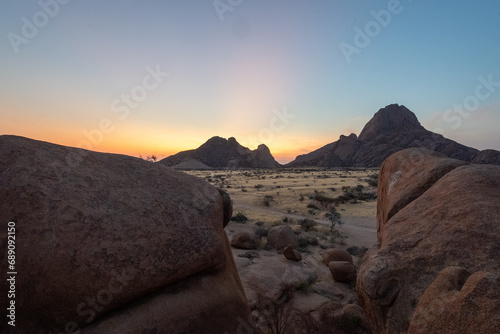 Sunset near Spitzkoppe, a famous granite peak in the center of namibia.