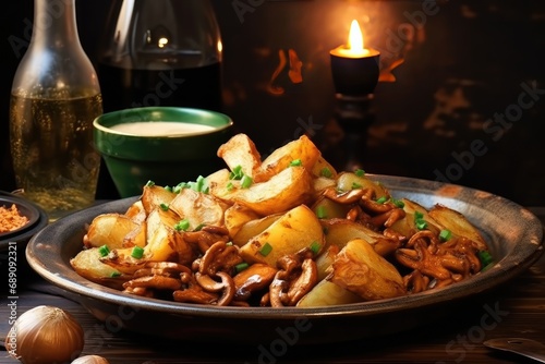 mushrooms with potatoes in the middle of the dark background there are fried potatoes  photo