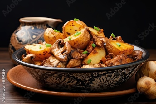 mushrooms with potatoes in the middle of the dark background there are fried potatoes  photo