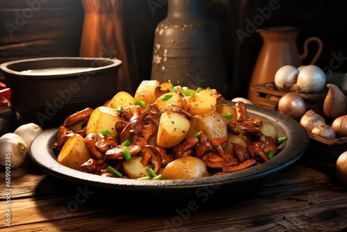 mushrooms with potatoes in the middle of the dark background there are fried potatoes  photo