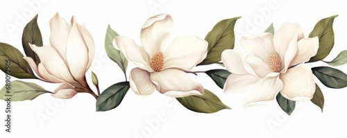 watercolor white magnolia flower and leaf bouquet clipart collection isolated on white background, Generative AI photo
