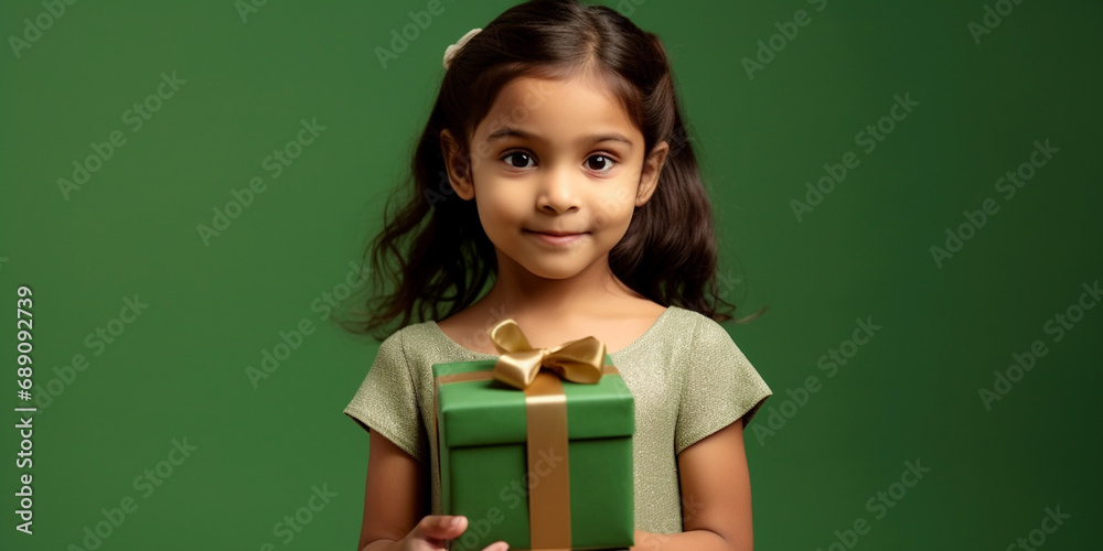 A nice young indish child girl happily surprised with a gift in her hands with a green background A nice young indish child girl happily surprised with a gift in her hands with a green background