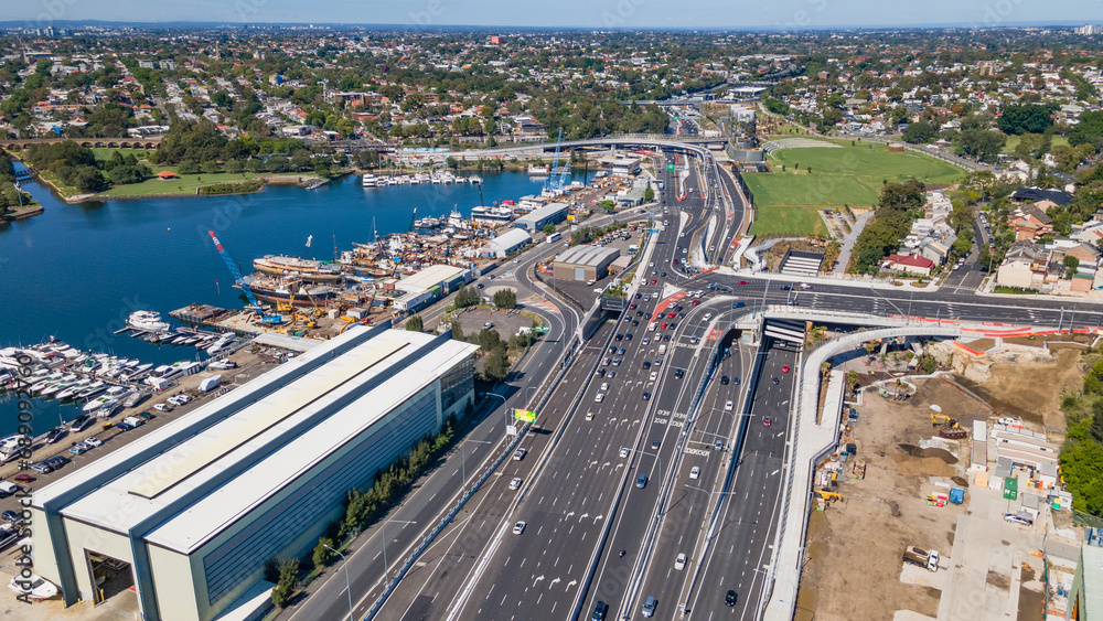 Aerial drone view at Rozelle Interchange in Sydney, NSW Australia looking toward City West Link, shot on 3 December 2023