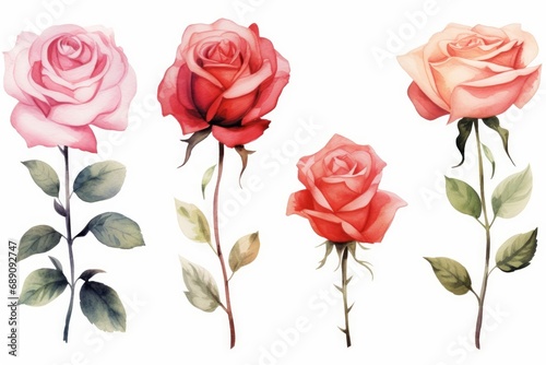 watercolor floral illustration, assorted rose flowers, decorative clip art isolated on white background, Generative AI